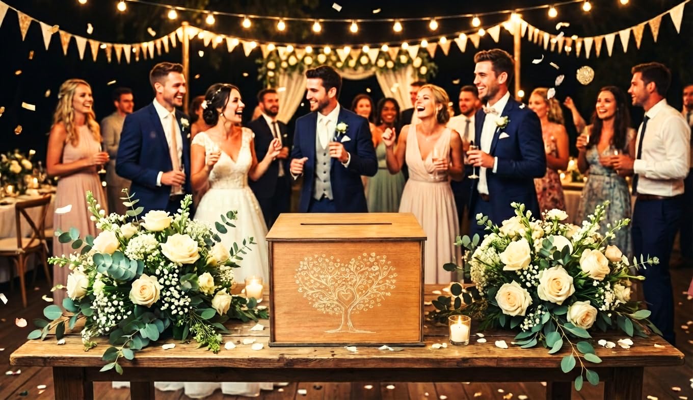 MALONA - Urna per matrimonio in legno/Scatola per biglietti e buste - Urna per anniversari e battesimi - Stile rustico con incisione Albero della Vita - Scatola dei ricordi per ogni occasione