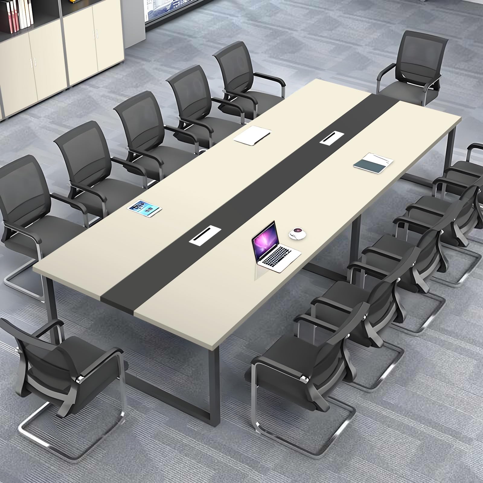 Mesa de Conferencias Grande – Mesa de Reuniones Moderna para Oficina con Pasacables,Estructura Metálica Robusta,Diseño Rectangular Negro-Blanco para 8–12 Personas (sin sillas)