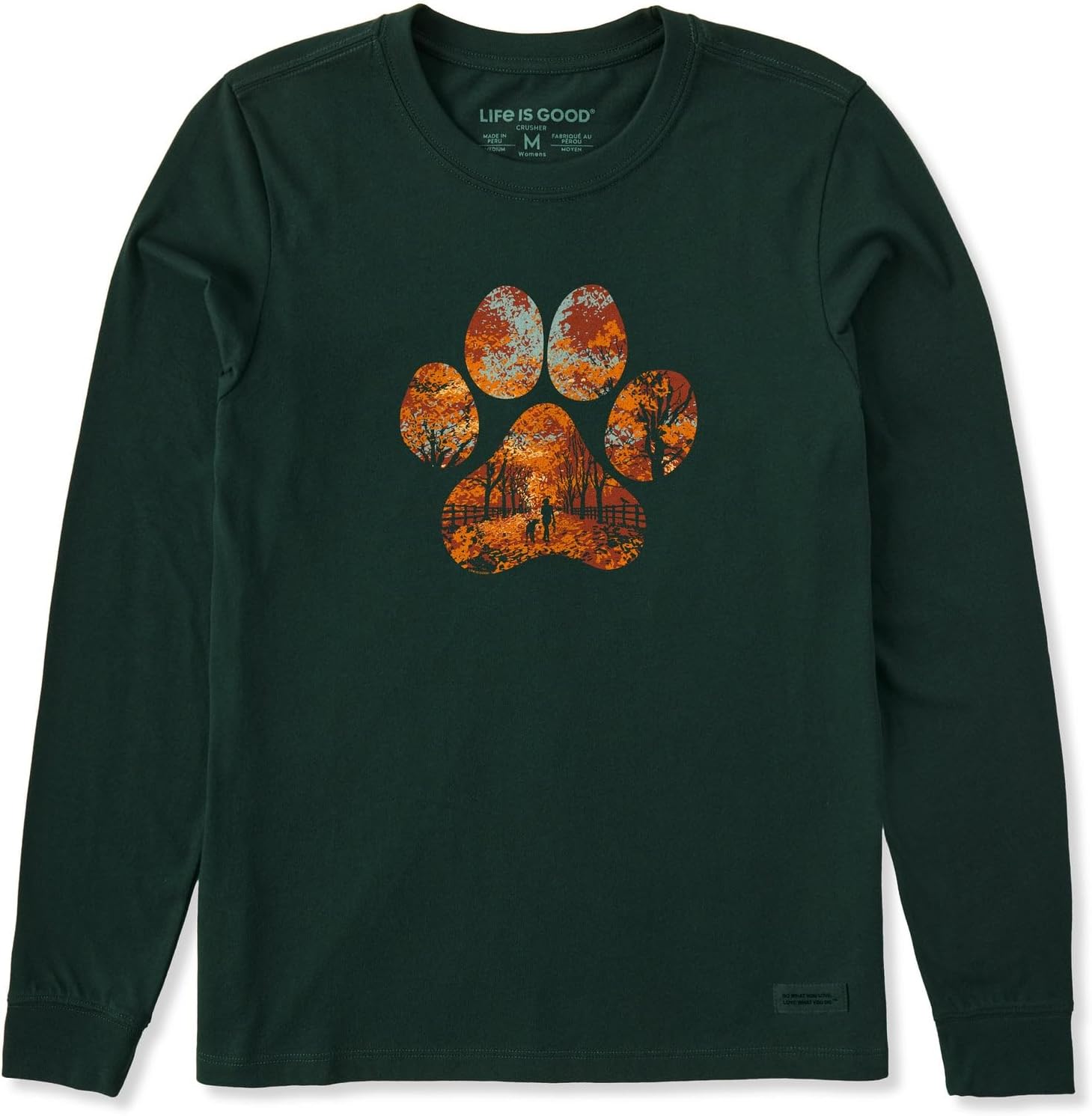 Life is Good. Women's Autumn Dog Walk Long Sleeve Crusher Tee, Treeline Green