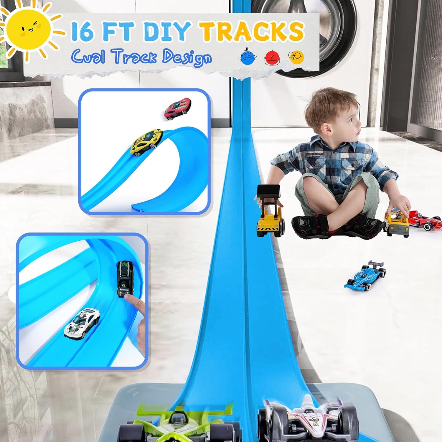 16Ft Flexible Race Track for Kids, Flex Track with 6 Hot Wheels Race Car Track Double-Side Track Toys Compatible with 16 Suction Cups, Storage Bag Rolls Up Race Tracks Birthday Gifts for Boys Girls