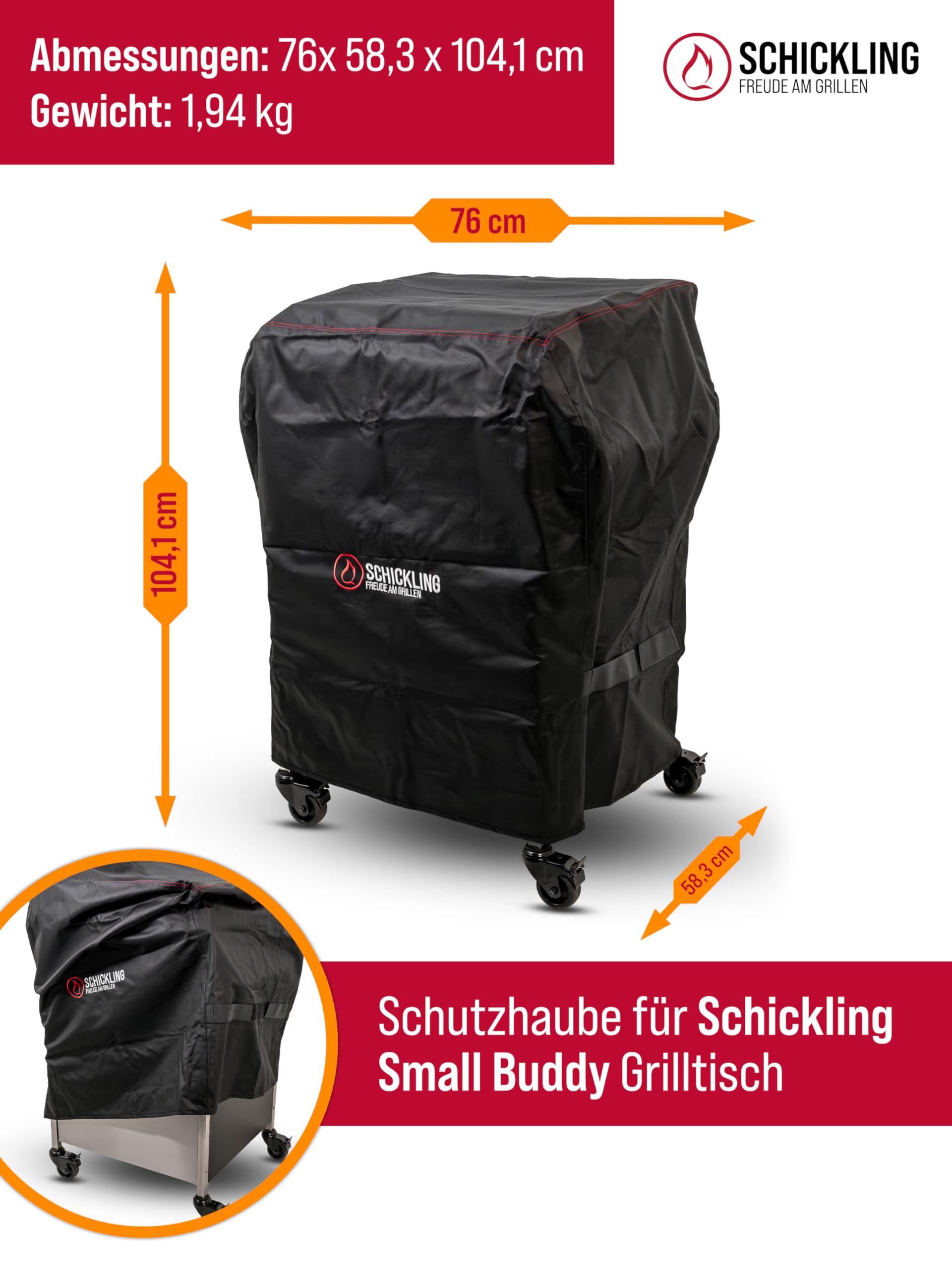 Schickling Grilltisch Grillabdeckung Wetterfest Klein - Abdeckung für Beistelltisch Grillwagen - wasserdichte Grilltischhaube - BBQ Cover - 76 x 58 x 104 cm - UV Beständig - Passend für Small Buddy