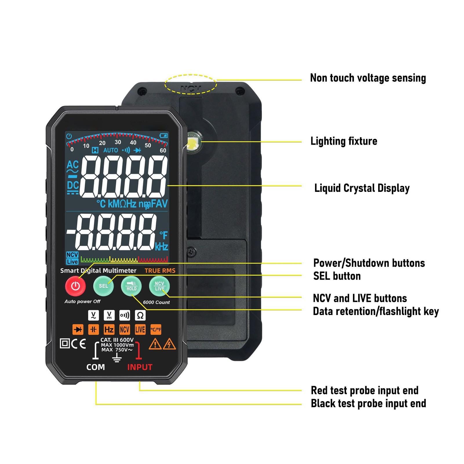 Berührungsloser AC-DC-Spannungsmesser, Voltmeter, Elektrischer Tester, Intelligentes Digitales Multimeter, Stoßfest, Geeignet für Verschiedene Szenarien in der Industrie, zu