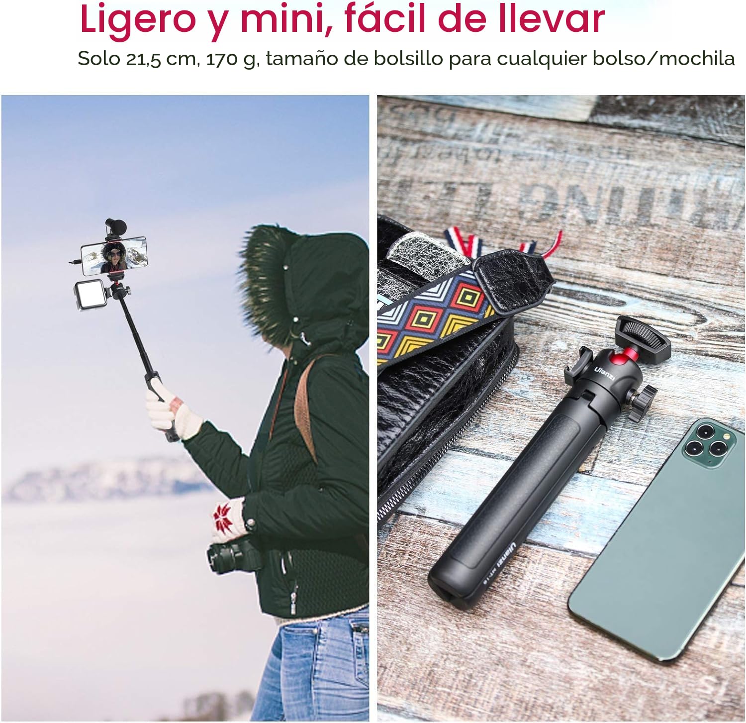 Ulanzi Mini trípode para cámara - Trípode de cámara extensible MT-16 Ajuste de 4 niveles, rótula de bola de 360° Zapata fría Accesorios de Vlog portátiles livianos para DJI Action Insta360 Compact Cam