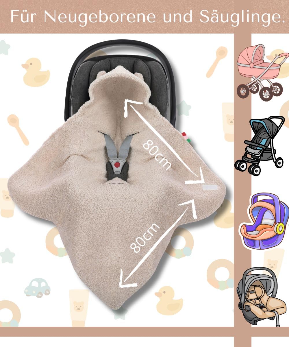 Einschlagdecke Baby Babyschale Kinderwagen Herbst Decke für Neugeborene Babys bis 4 Monate Kuschel-Bouclé Lammfell-Optik Maxi Cosi Blanket 80x80cm