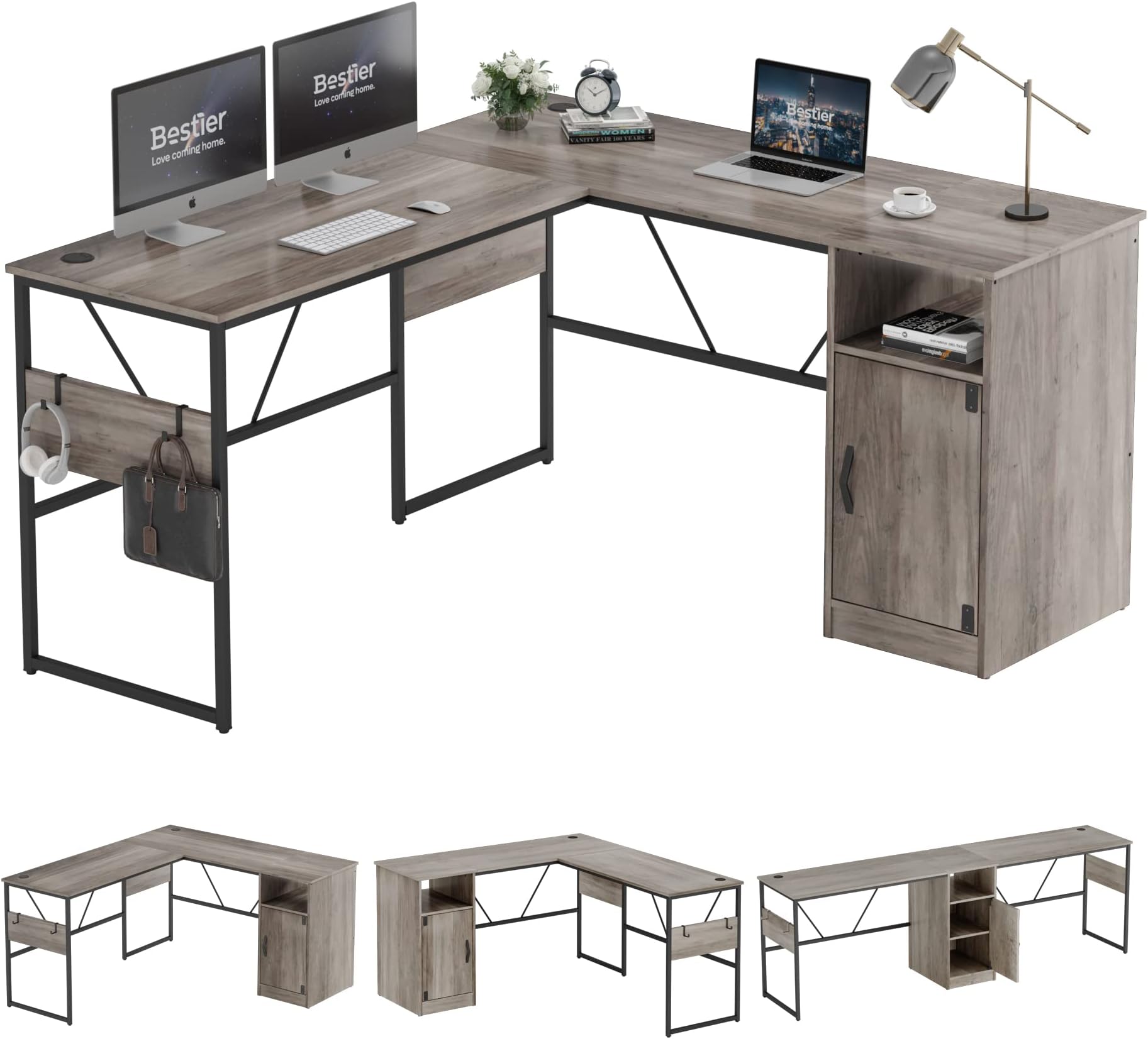 Bestier Bureau D'angle En Fore De L Avec Prises Et Éclairage LED – 106C Bureau Copact Avec