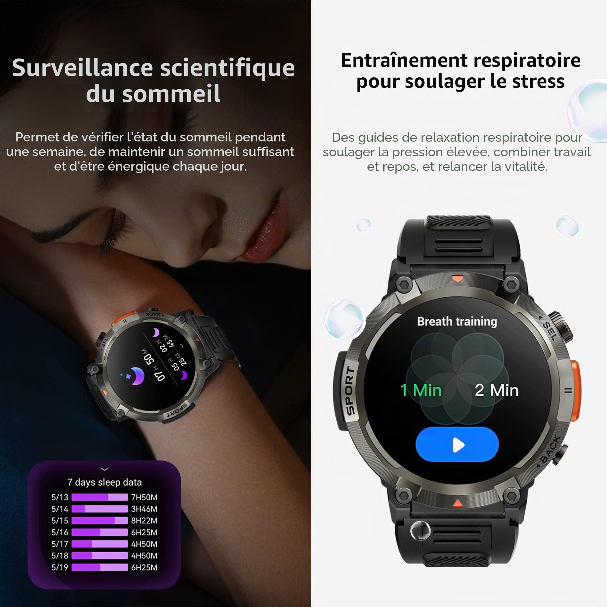 Montre Connectée Homme avec Appels Bluetooth, 1,45'' Smartwatch avec 100+ Modes Sportifs/Torche/SpO2/Lecteur de Musique/Fréquence Cardiaque/Sommeil/ SpO2 pour Android iOS