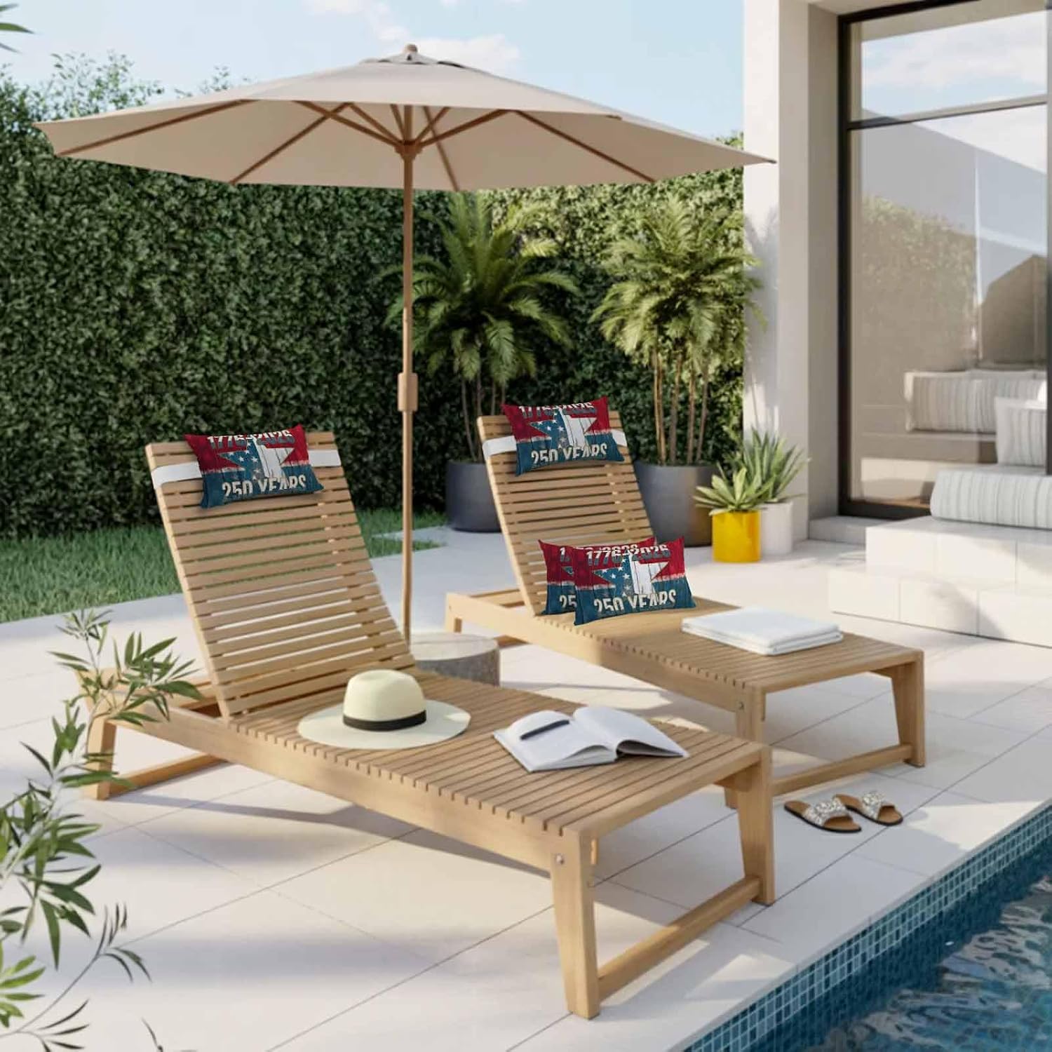 Outdoor Chair Pillow Headrest for Patio Pool Chaise Lounge, 250 Year American Anniversary Recliner Head Pillow, Retro Teal Red Star Wood Waterproof Pillowcases Neck Lumbar Pillows & Insert 12x20x2pcs