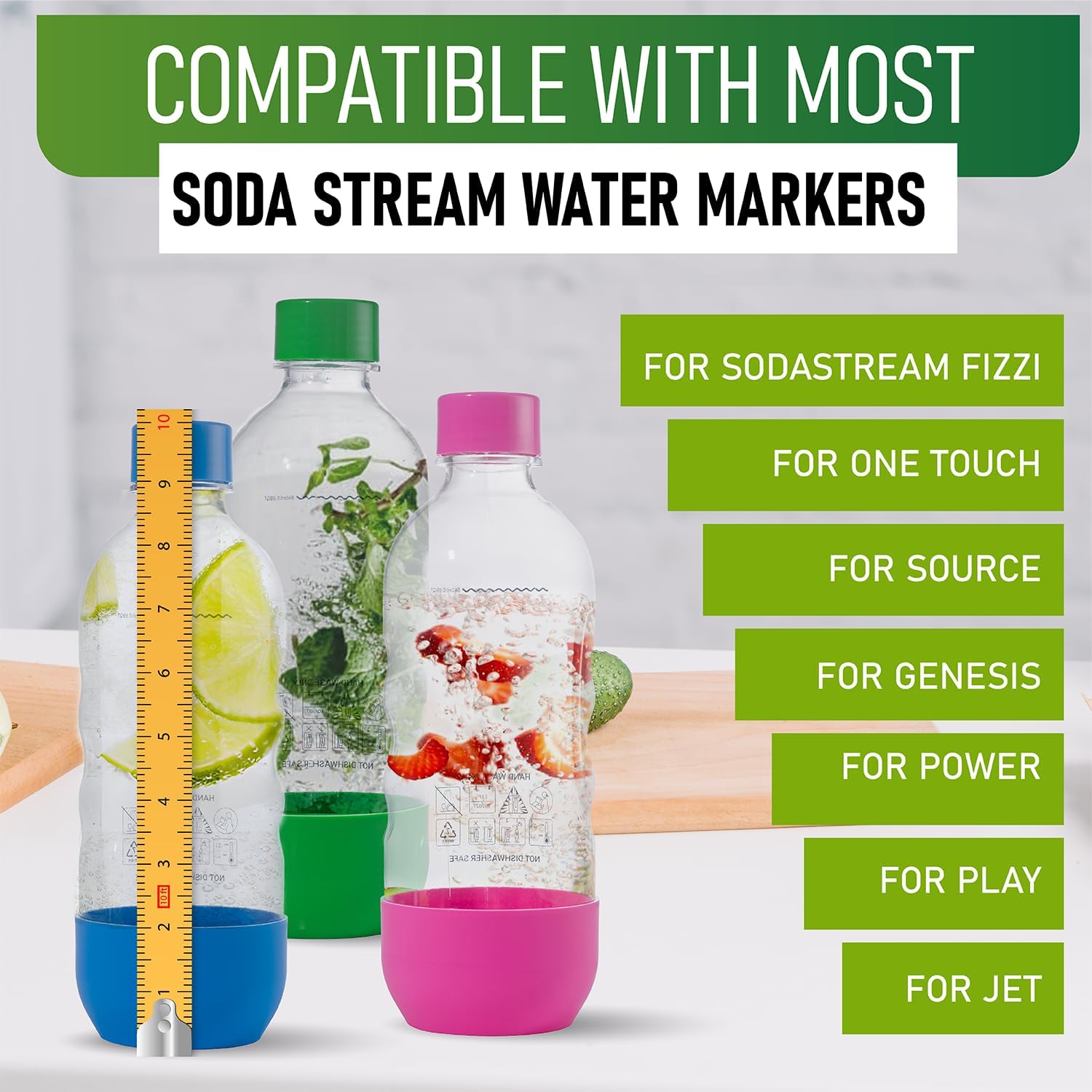 Replacement Carbonating Sparkling Water Bottles for SodaStream - 1 Liter, BPA-Free & Leak-Proof (Compatible with Fizzi, One Touch, Jet, Source, Play, Genesis, Power Models) - 3-Pack (Multi)
