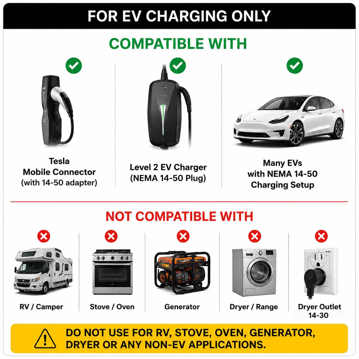Cable adaptador de cargador EV de 10 pies compatible con NEMA 10-30P a 14-50R, secadora de 3 clavijas de 30 amperios a 50 amperios y 4 puntas EV para carga Tesla o EV nivel 2