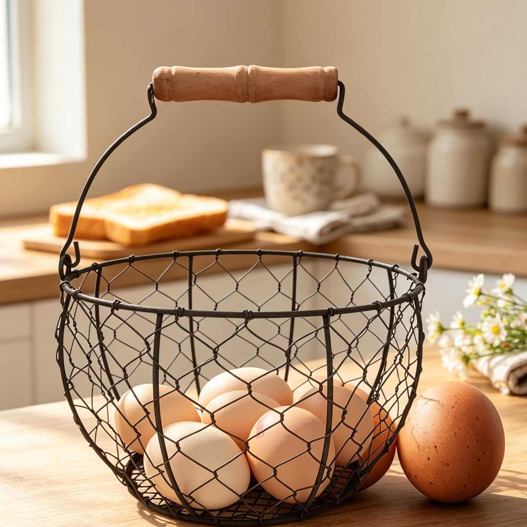 Cesta de huevos de alambre para recoger huevos frescos | Cesta de huevos de gallina para recoger huevos con asa, estilo vintage de granja para encimera de cocina y gallinero