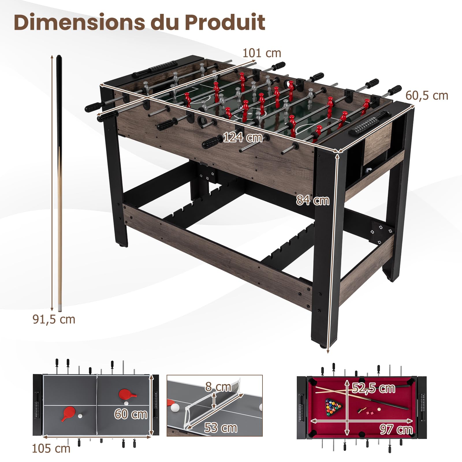 COSTWAY Table de Baby-Foot Pivotante avec Joueurs, Queues, Balles, Table Multijeux avec Pieds Réglables et Marqueur, Billard pour 2-4 Adultes Adolescents pour Salle de Jeux Fêtes