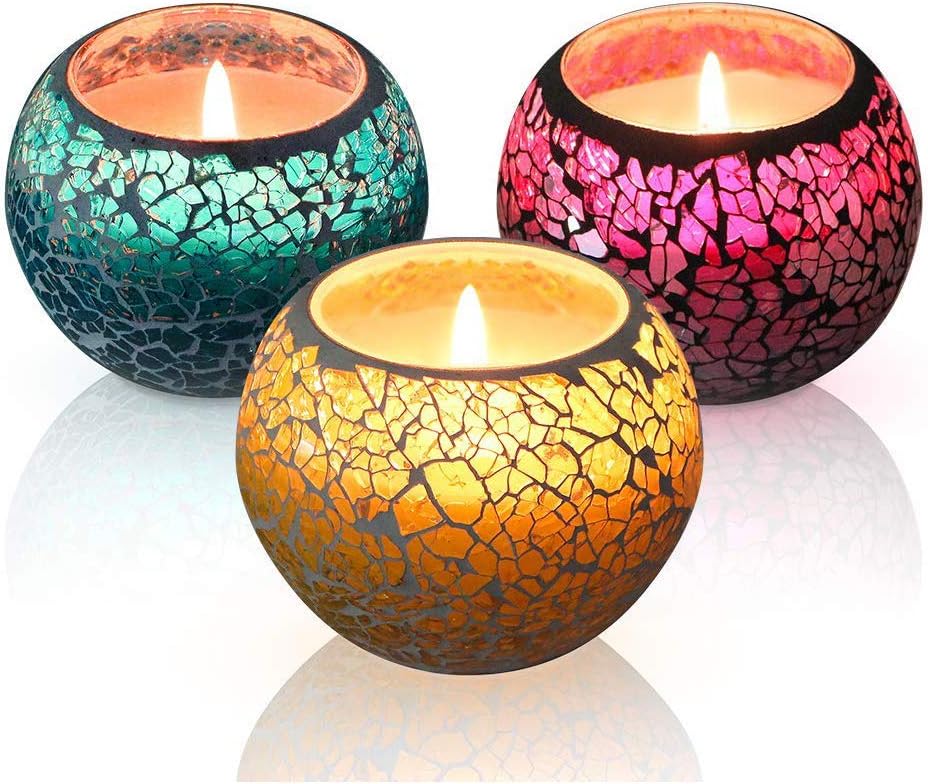 Scented Candles Set, U2C 100% Pure Natural Soy Wax Candles 3 x 4.4 Oz, Set of 3: Lavender, Rose and Lemon Travel Candle, Mosaic Glass Candles for Aromatherapy, Weddings