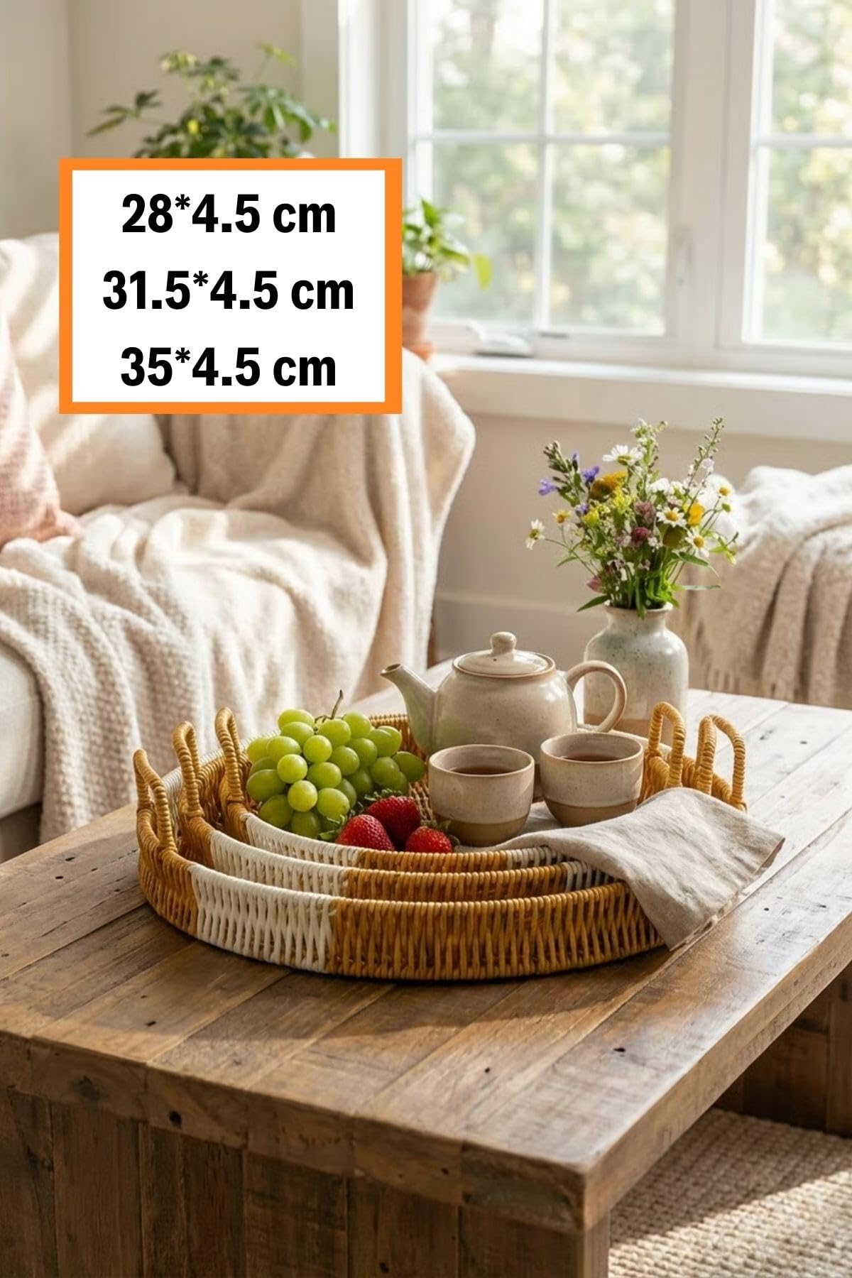 BUFFER İç İçe Geçebilen 3'lü Yuvarlak Plastik Rattan Tepsi Seti, Hasır Görünümlü, Bej, 28x31.5x35 cm, Çok Amaçlı Servis Tepsisi
