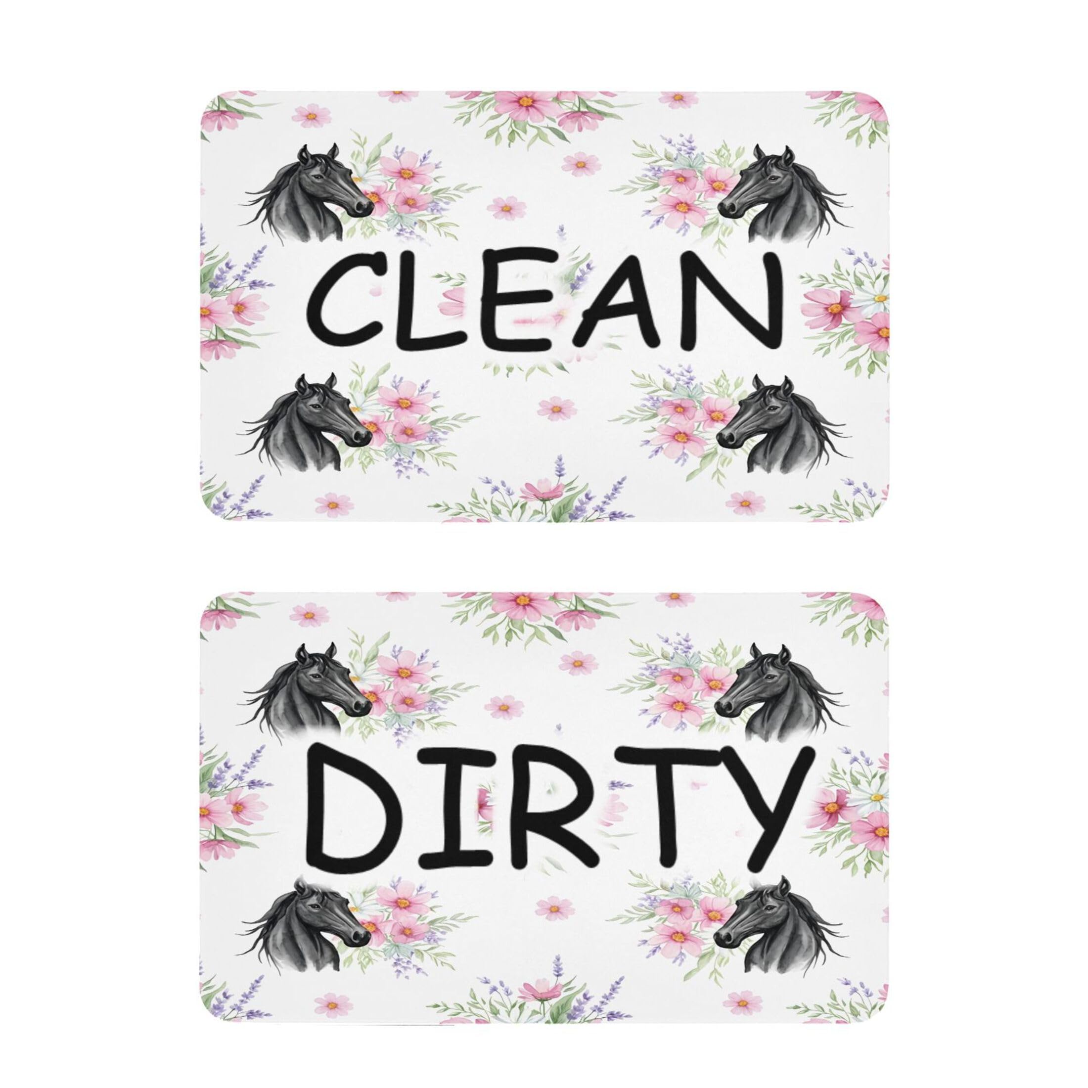 Kutsu Dishwasher Magnet Clean Dirty Sign Indicator, Horses Flowers Fridge Magnet, Easy to Read, 2 Pack