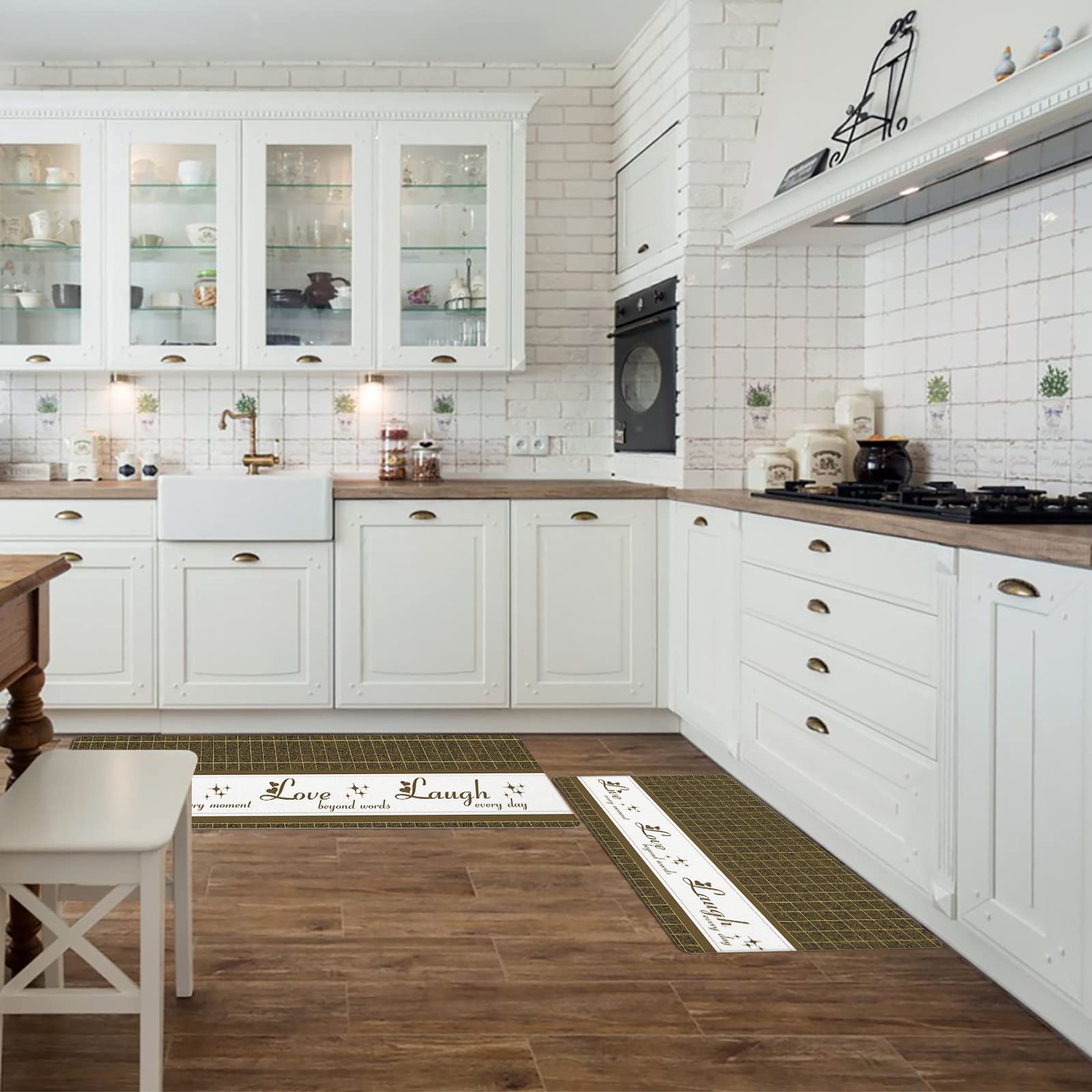 Kitchen Mat Rug Set of 2 Live Love Laugh Retro Brown Plaid Runner Rug Anti-Fatigue Comfort Memory Foam Standing Mat Non-Slip Floor Door Mat for Bathroom 18x30in+18x48in