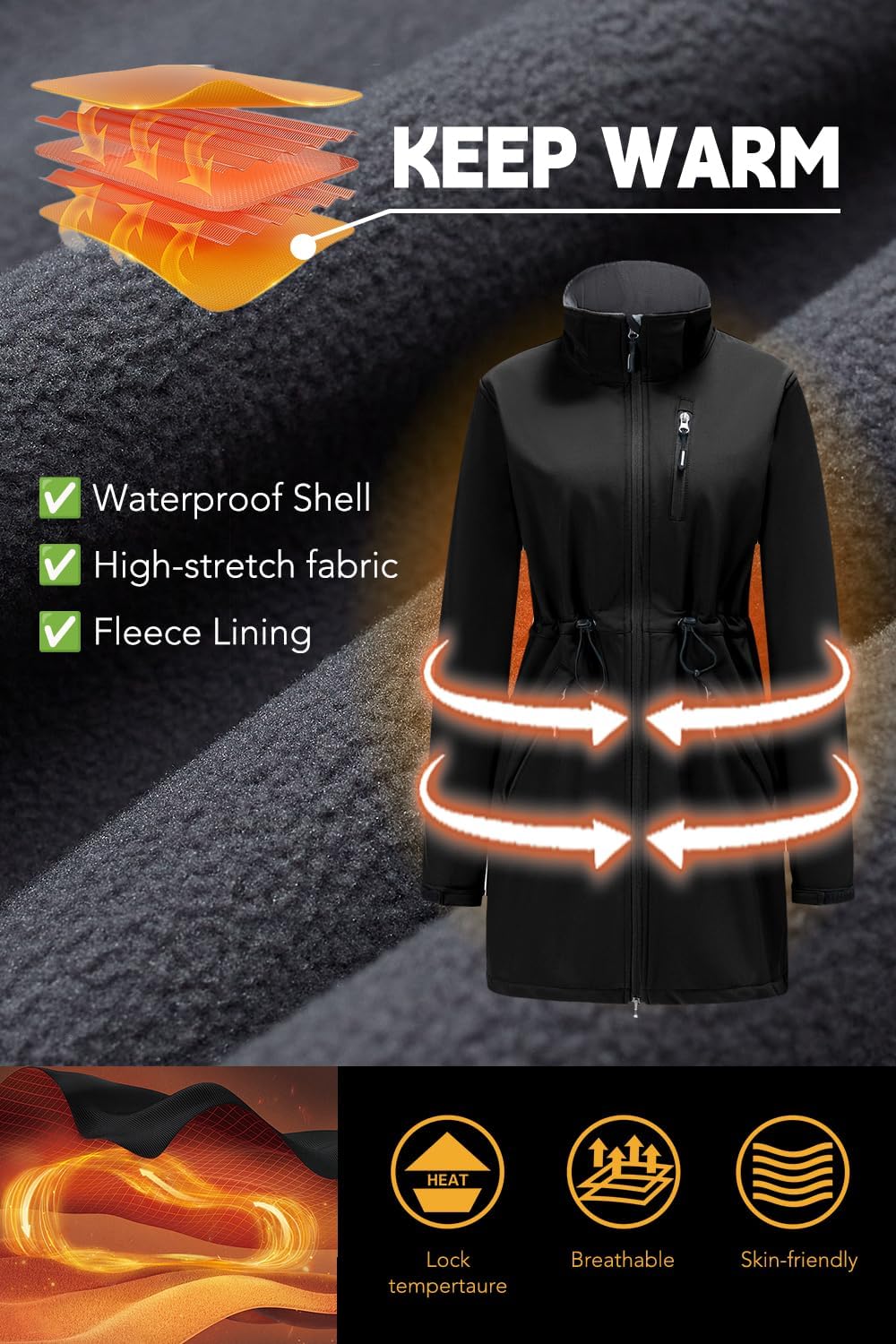 Women’s Softshell Jacket Lightweight Long Rain Coat Hooded Waterproof Windproof Fleece Lined Insulated Windbreaker - Image 2