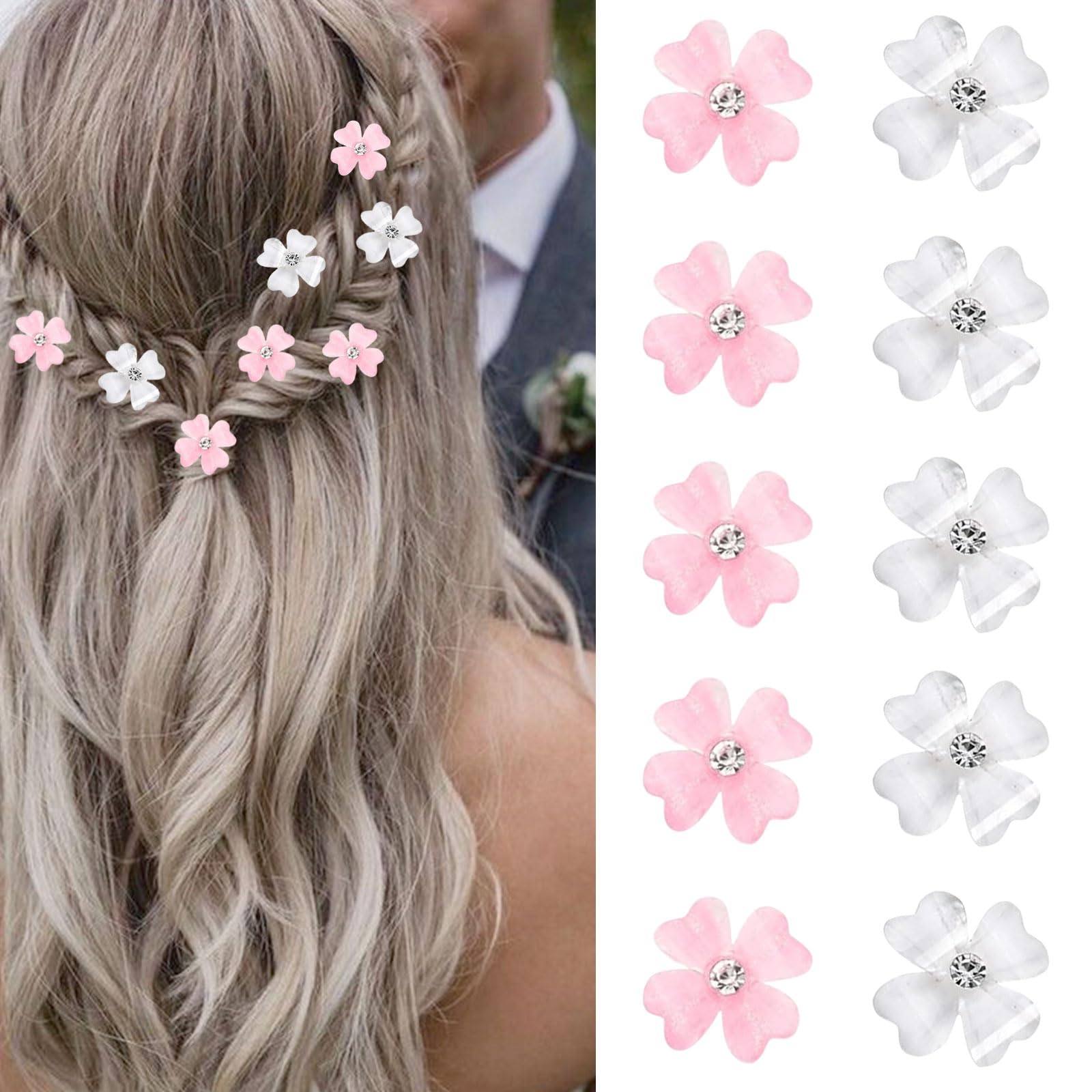 Mezrkuwr 10 Stück Mini-Haarspangen mit Hellrosa und Weiß Blumen und Strasssteinen Vierblättrige Blume haarspangen klein, dekorative Hochzeits-Haarspangen, Braut-Haarschmuck
