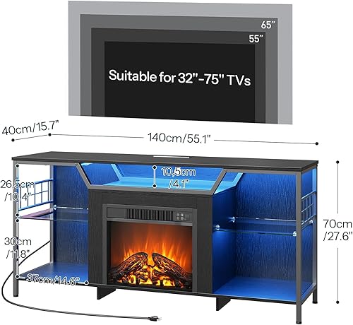 Miniatura 2 de HOOBRO Soporte de TV con chimenea con luces LED, soporte de TV eléctrico con chimenea con estación de carga, centro de entretenimiento con chimenea,