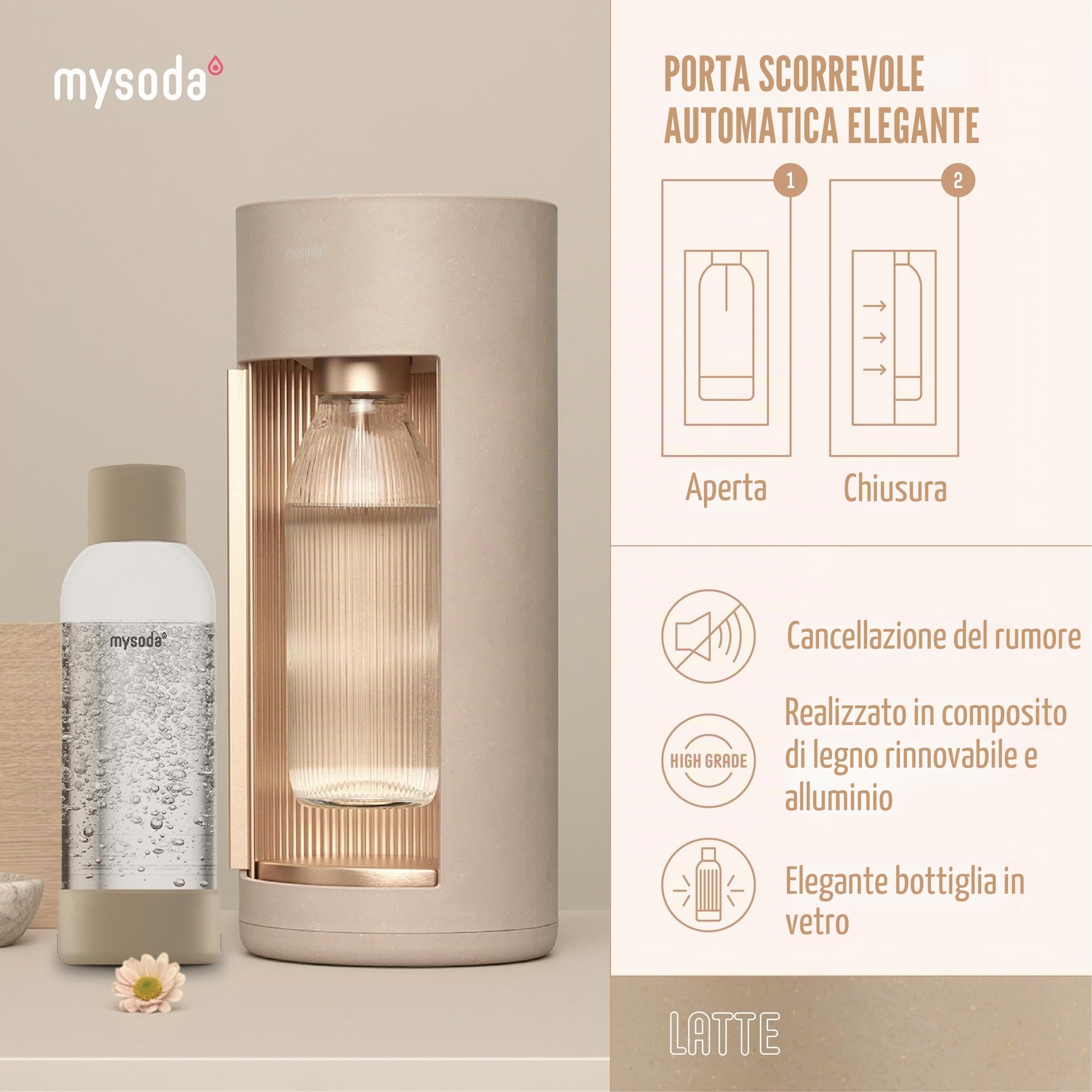 Mysoda Glassy - Gasatore d’acqua per l’acqua frizzante con bottiglia in vetro (senza bombola di CO2) - Beige (latte)