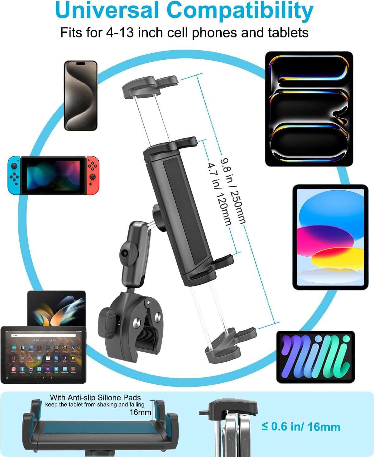 Boat Helm Tablet Mount, Marine Rail Tablet Holder with Aluminum Arm, 360° Adjustable Sailboat Pole Rod Handle Bar Clamp Mount for iPad Pro 13 12.9 11 Air Mini, Galaxy Tab, iPhone, 4-13" Device