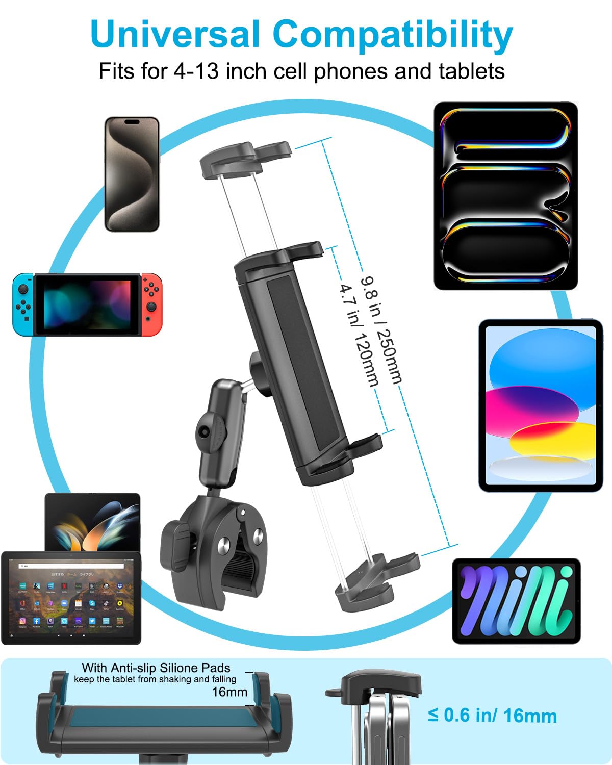 Supporto Tablet per Barca, Metallo Braccio Porta Tablet Barca per iPad Pro 13 12.9 11 9.7, iPad 11", iPad Air Mini, Galaxy Tab S A, Tab M10 M11, iPhone, 4~13" Tablets & Telefono
