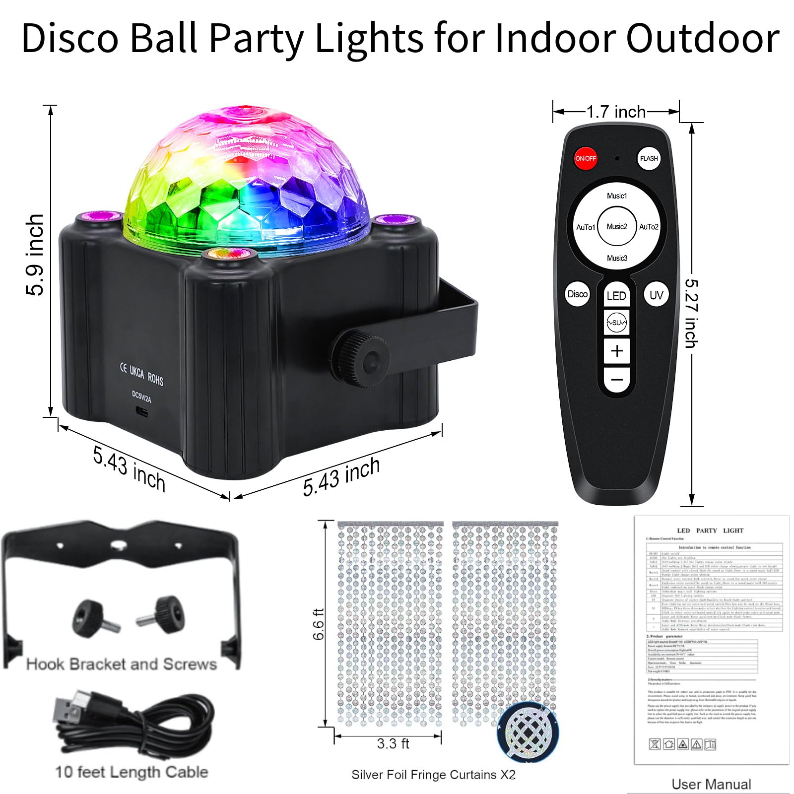 Aktywowane dźwiękiem lampki na imprezę dyskotekową, DJ Disco Ball z pilotem, stroboskopowe oświetlenie sceniczne lampa do wewnątrz, na zewnątrz, do domu, pokoju, tańca, na urodziny, karaoke