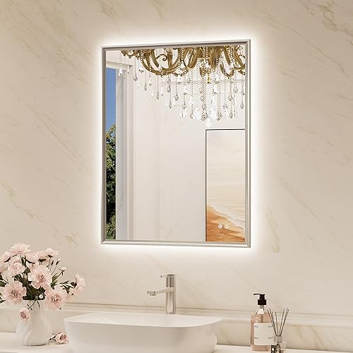 TokeShimi Espejo de baño de 24 x 30 pulgadas retroiluminado con marco de níquel cepillado, retroiluminación regulable con luz LED con memoria