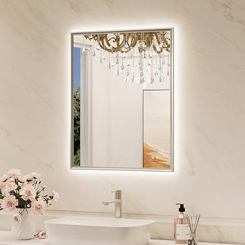 TokeShimi 24"x 30" Bathroom Mirror Backlit with Brushed Nickel Frame, Dimmable Backlight LED Lighted Vanity Mirror with Shatter-Proof, Memory, 3 Colors, Anti-Fog Mirror with HD Tempered Glass