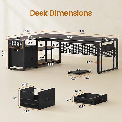 Miniatura 2 de Escritorio ejecutivo de 71 pulgadas con tomas de corriente, escritorio reversible en forma de L para computadora con cajones de archivos y estantes