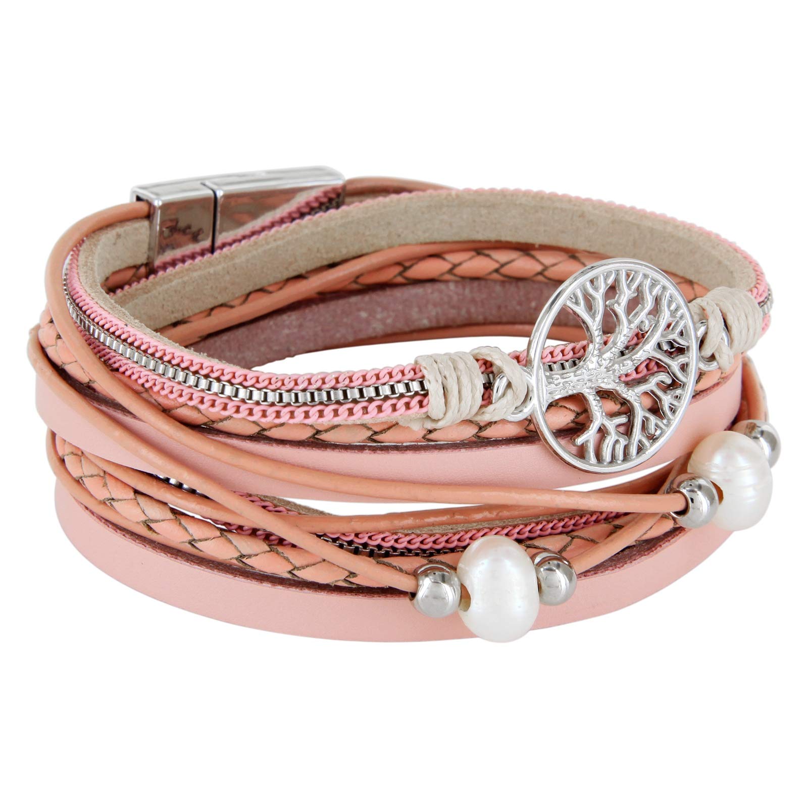StarAppeal Armband Wickelarmband mit Perlen, Ketten, Flechtelement und Lebensbaum Anhänger, Magnetverschluss Silber, Damen Armband