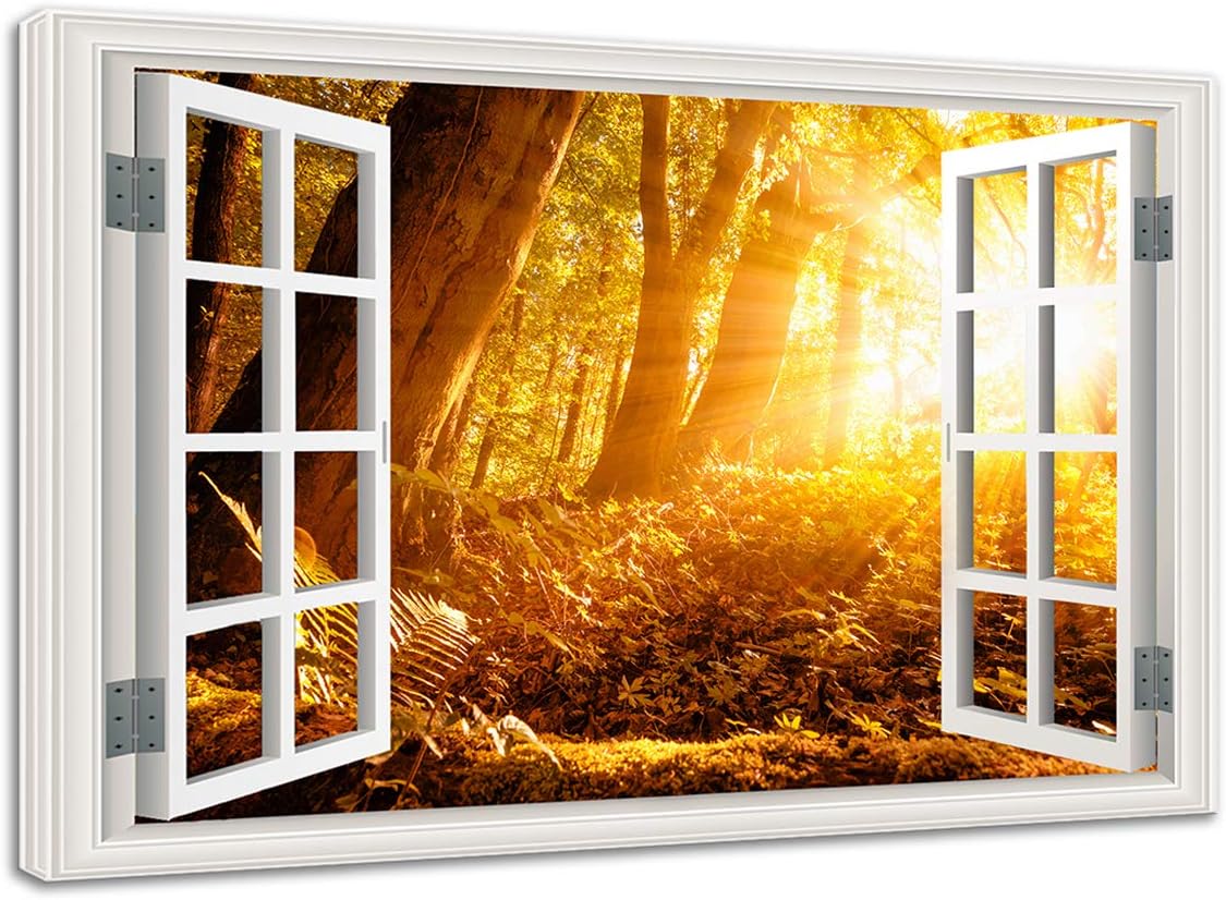 Window Frame Style Waterfall Wall Art Nature Landscape Canvas Wall Decor Contemporary Autumn Landscape Painting Artwork Red Tree Forest Steam Rock Picture for Living Room Framed Ready to Hang