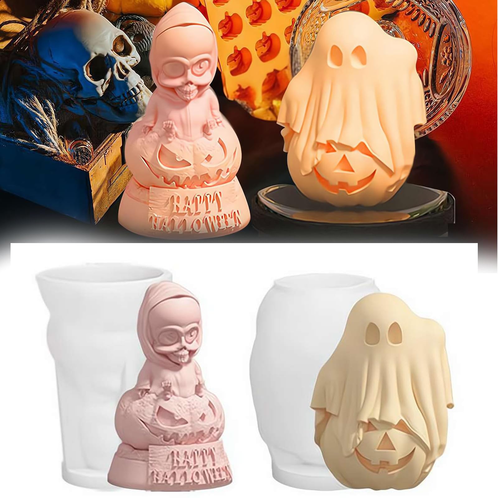 Moules En Silicone Pour Résine Halloween - 2 Pièces Citrouille Fantôme Et Chat, Créations DIY Déco