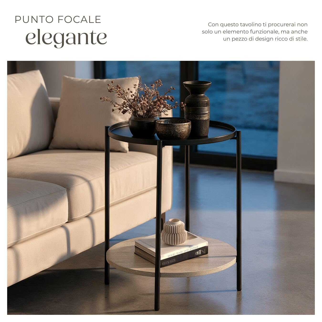 tectake® Tavolino Salotto Tondo 45,5x54,5cm, Tavolino da Divano o Comodino Stretto, Ripiano Vassoio, Soggiorno, Casa, Ufficio per Libri, Lampade, Computer Portatile, Bevande - Legno Industriale Chiaro