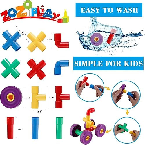 Miniatura 6 de ZoZoplay STEM - Juguete de aprendizaje tubular, tuberías, boquillas y articulaciones, 64 piezas, para construir bicicletas, tanques y otras cosas
