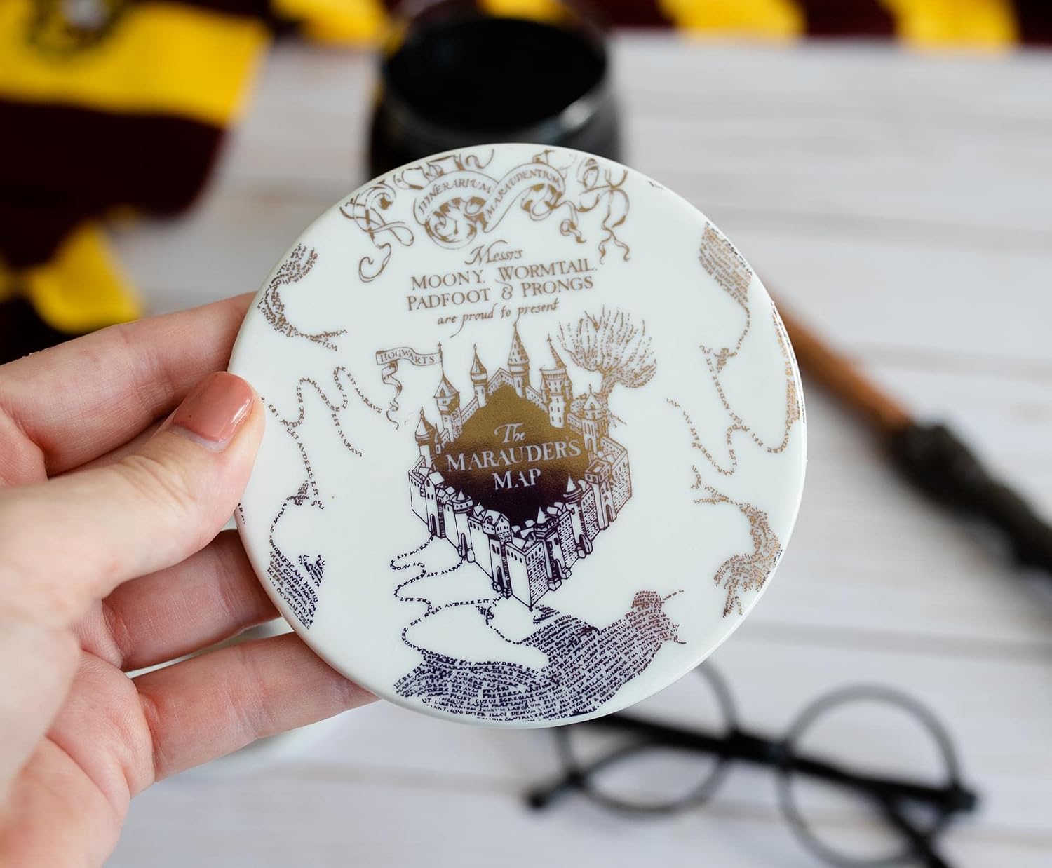Harry Potter Marauder's Map Coaster Set of 4 - Ceramic Coasters with Gold Marauders Map Design, 4" - Officially Licensed - Decor Gift for Women and Men