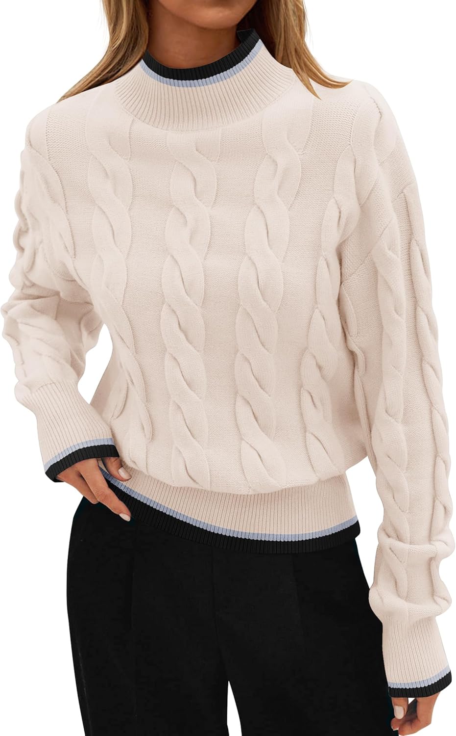 ZESICA Women's Casual Long Sleeve Mock Neck Cable Knit Contrast Color Fall 2026 Winter Chunky Pullover Sweater