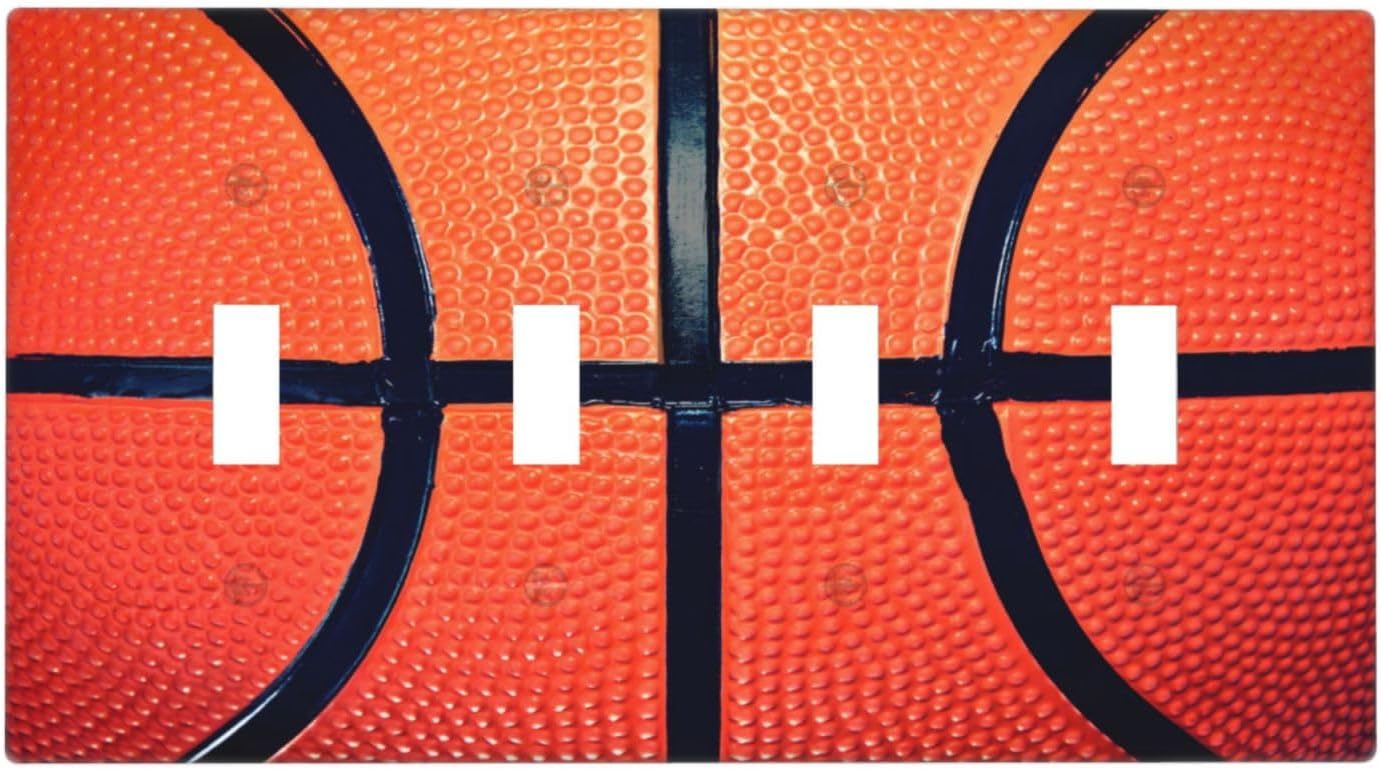 Basketball Texture Sporty Pattern Print Light Switch Covers Quad Toggle Electrical Faceplate 4 Gang Wall Plate Decorative Switch Plates Cover for Kids Room Office Decor