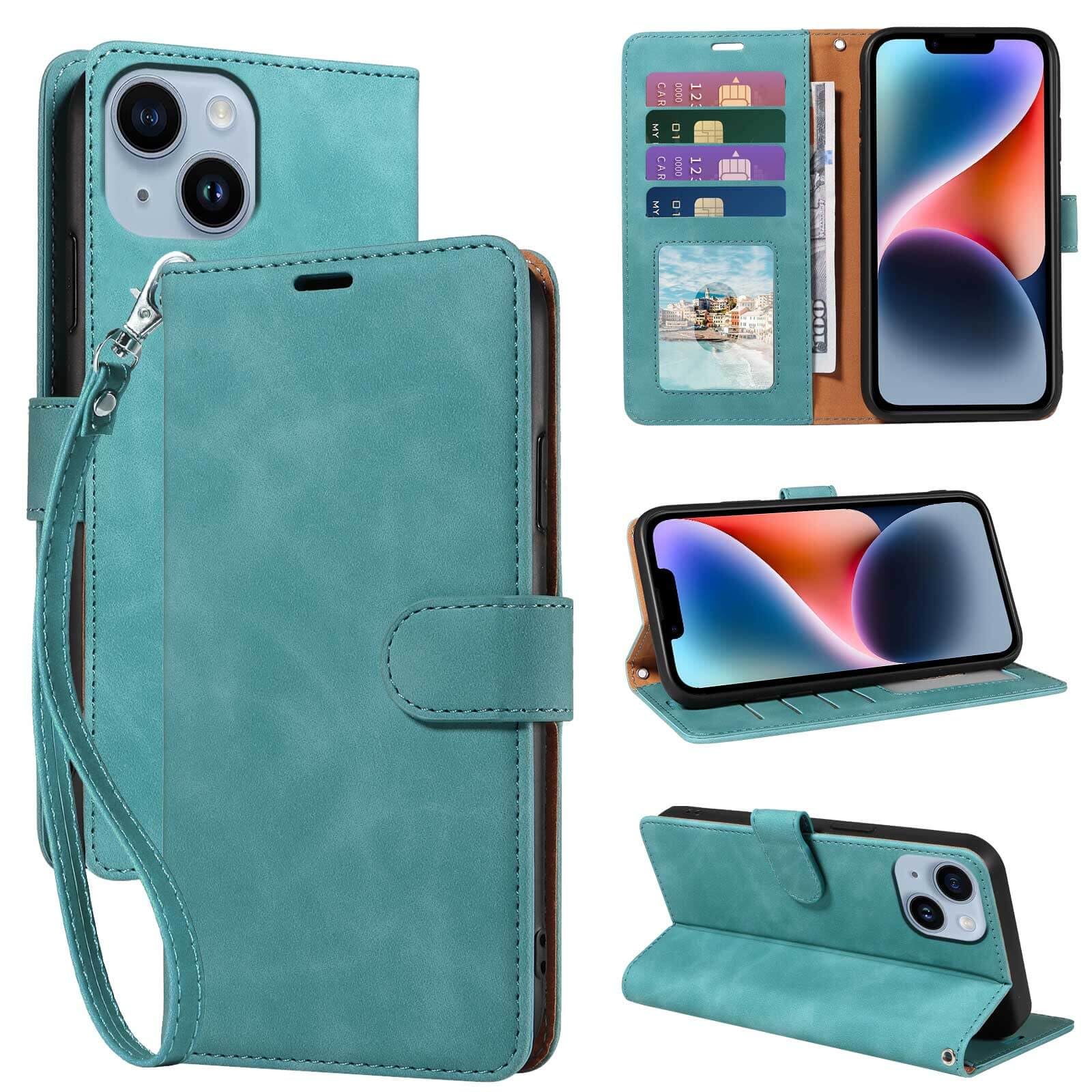 GOTOURED for iPhone 14 Phone Case Wallet, RFID Blocking 4 Card Slots, Wrist Strap, Kickstand, Magnetic Closure