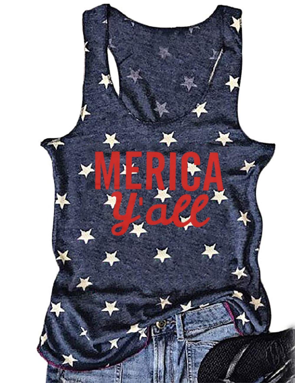 MAXIMGR Merica Y'all American Flag Tank Top Women 4th July Sleeveless Patriotic Vest T-Shirt Tees