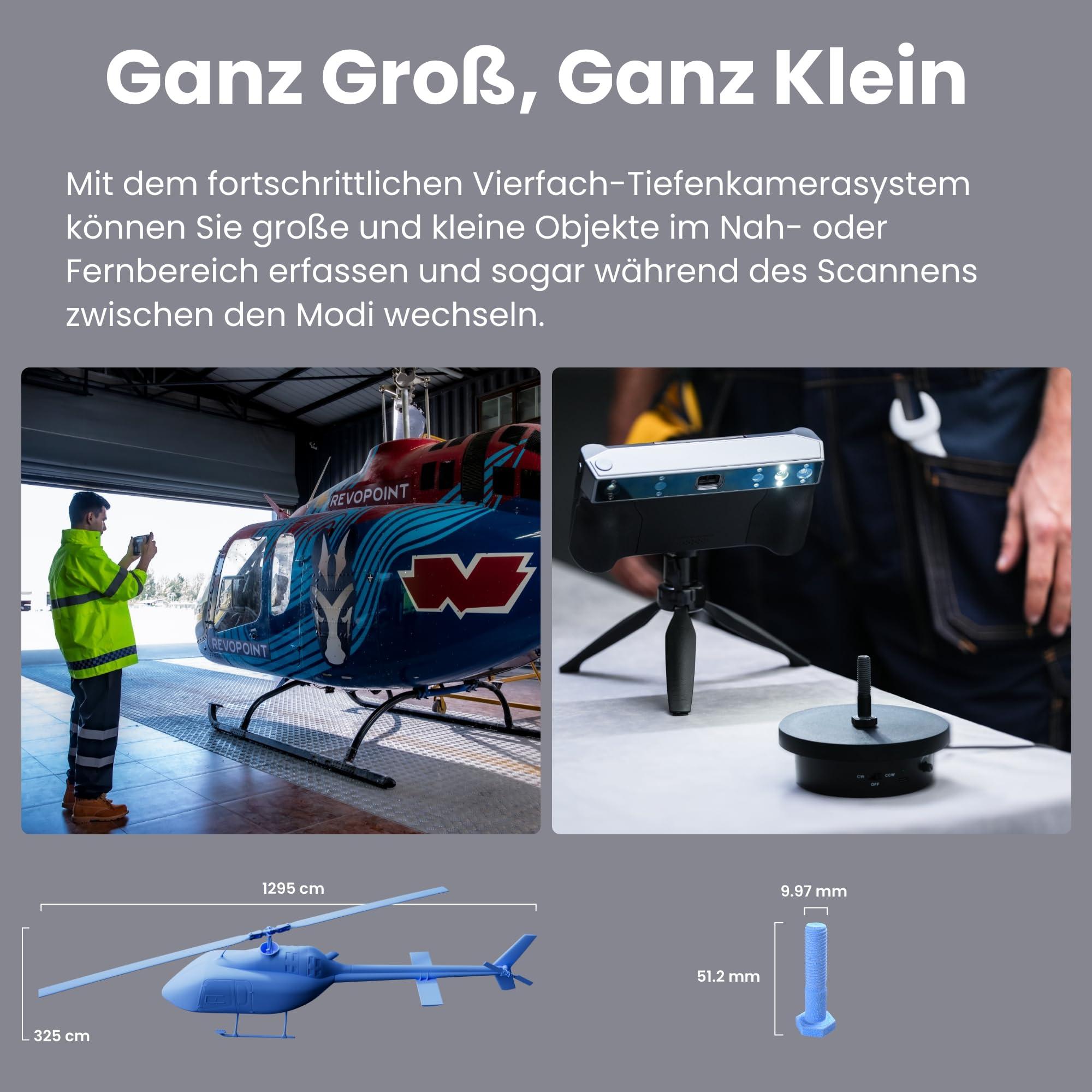 Revopoint MIRACO Pro 3D-Scanner für 3D-Drucker, Handheld 3D Scanner WiFi mit 180°Flip Screen, 5000mAh Schnelllade-Akku, bis zu 0,02 mm Präzision, Vollfarb-RGB-Kamera für Kleine bis Große Objekte, 32GB