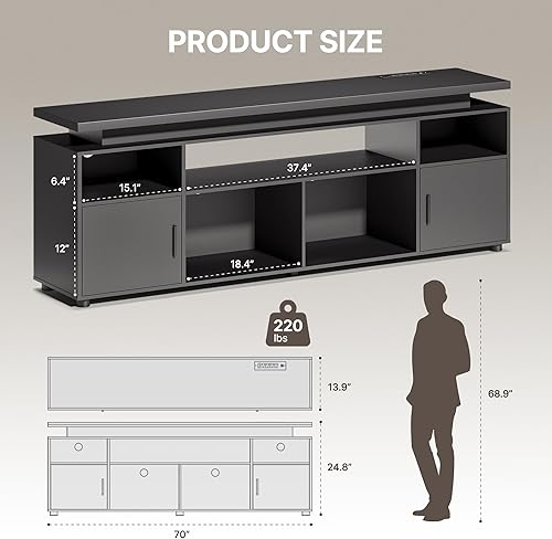 SUNCOZE Soporte de TV, centro de entretenimiento con luces LED y gabinete para TV de 70/75/80 pulgadas, consola de TV moderna para juegos y medios