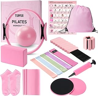 Pilates Kit, Home Pilates Workout Kit for Women, Pilates Equipment with Pilates Ring and Ball, Yoga Block & 5 Resistance Bands, Ankle Weights, Sliders & Grip Socks, Workout Guide Included