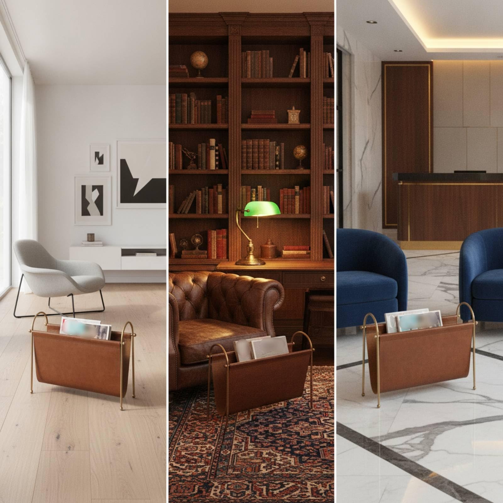 Revistero Soporte Periódicos Archivador Organizador Portadocumentos con Marco Metálico y Bolso Símil Cuero Estable y Ahorrador de Espacio Adecuado