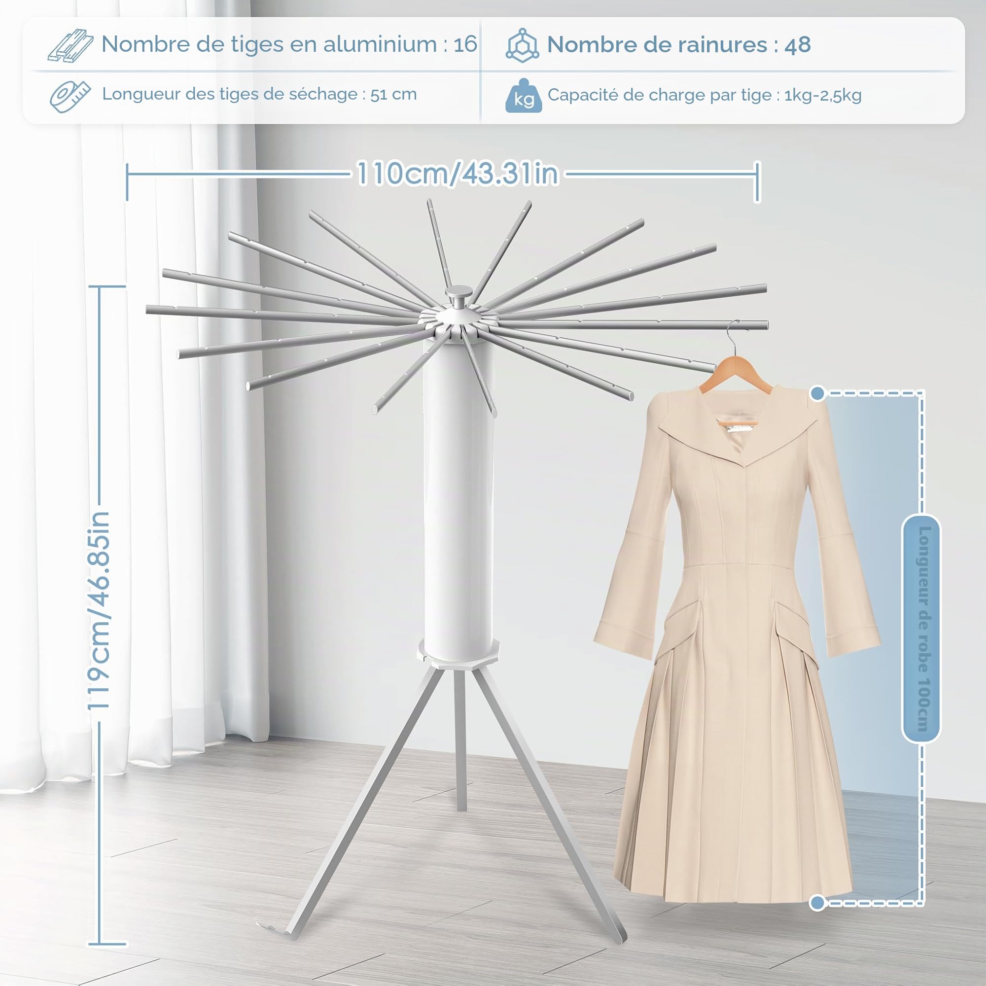 Froadp Séchoir à linge avec 16 barres de séchage en aluminium pliable - Portable - Octopus - Peu encombrant - Pour balcon, chambre à coucher, maison