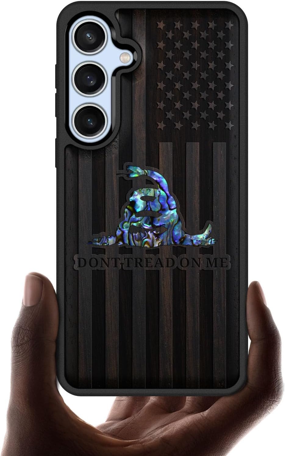 Carveit Designer Wooden Case for Samsung Galaxy S24 FE Case [Wood Engraving & Shell Inlay] Compatible with Wireless Chargers S24 FE Cover (Gadsden Flag Reenvisioned-Blackwood)