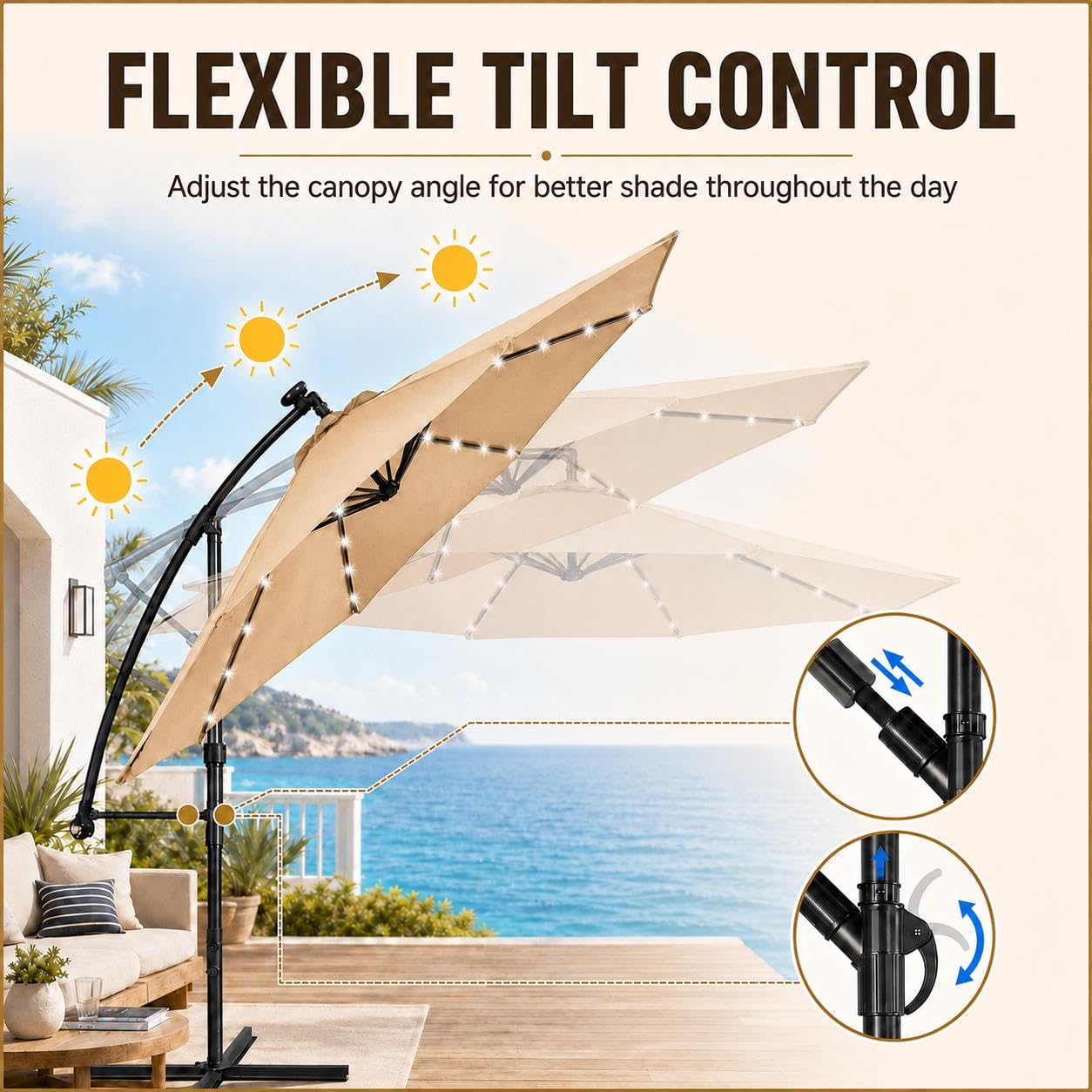 Yaheetech 10FT Solar Patio Offset Umbrella w/32 LED Lights Handy Crank, Tan