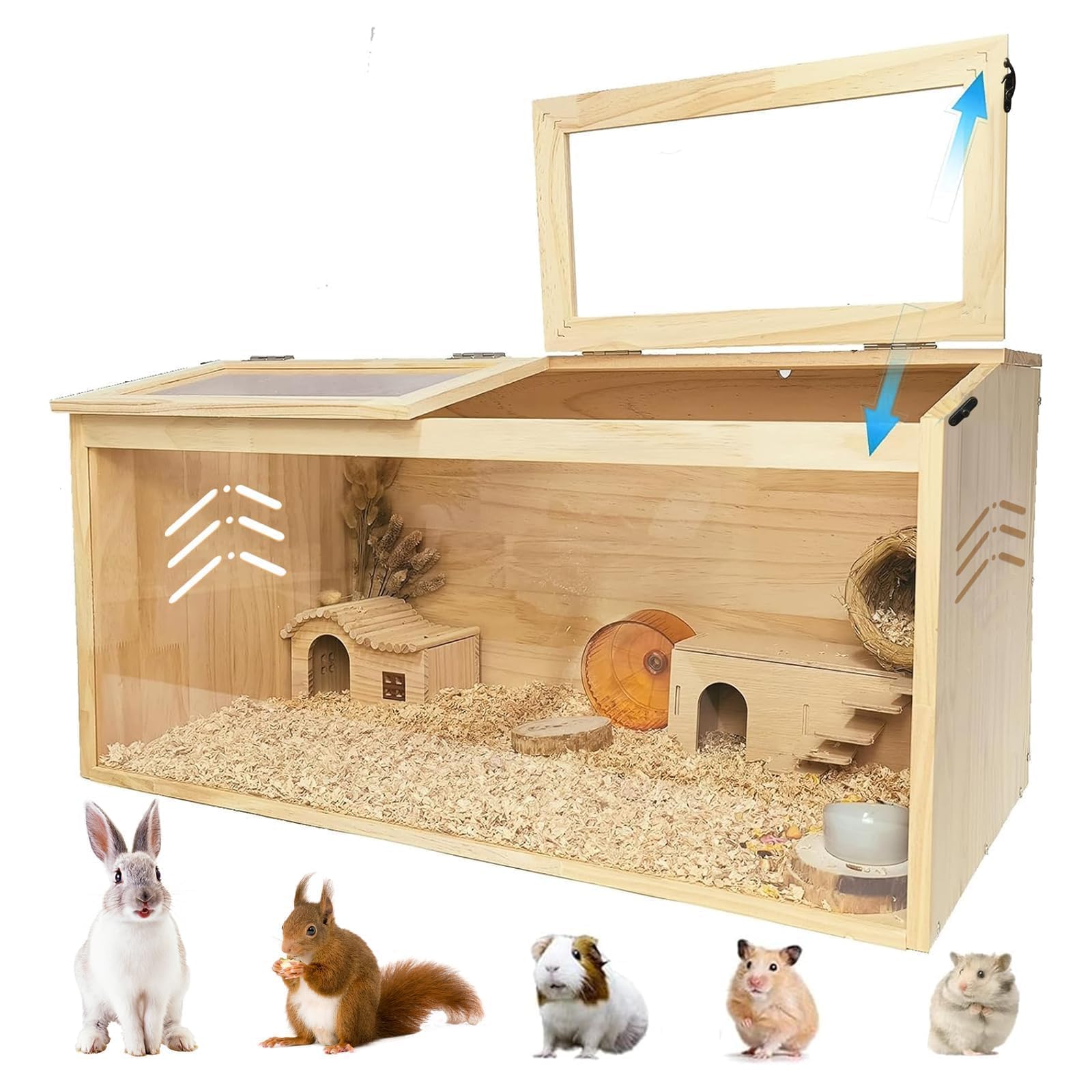 Garvee Cage en Bois 80x40x40cm spacieuse pour Petits Animaux, Toit Acrylique ouvrant, Porte Oblique, Excellente Ventilation, idéale pour Hamster syrien, Gerbille, Souris, Cochon d’Inde, Chinchilla