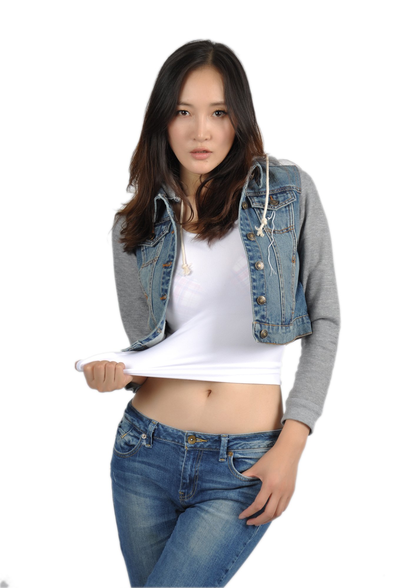 Emma's Mode Cropped Long Sleeve Denim Jacket with Hoodie