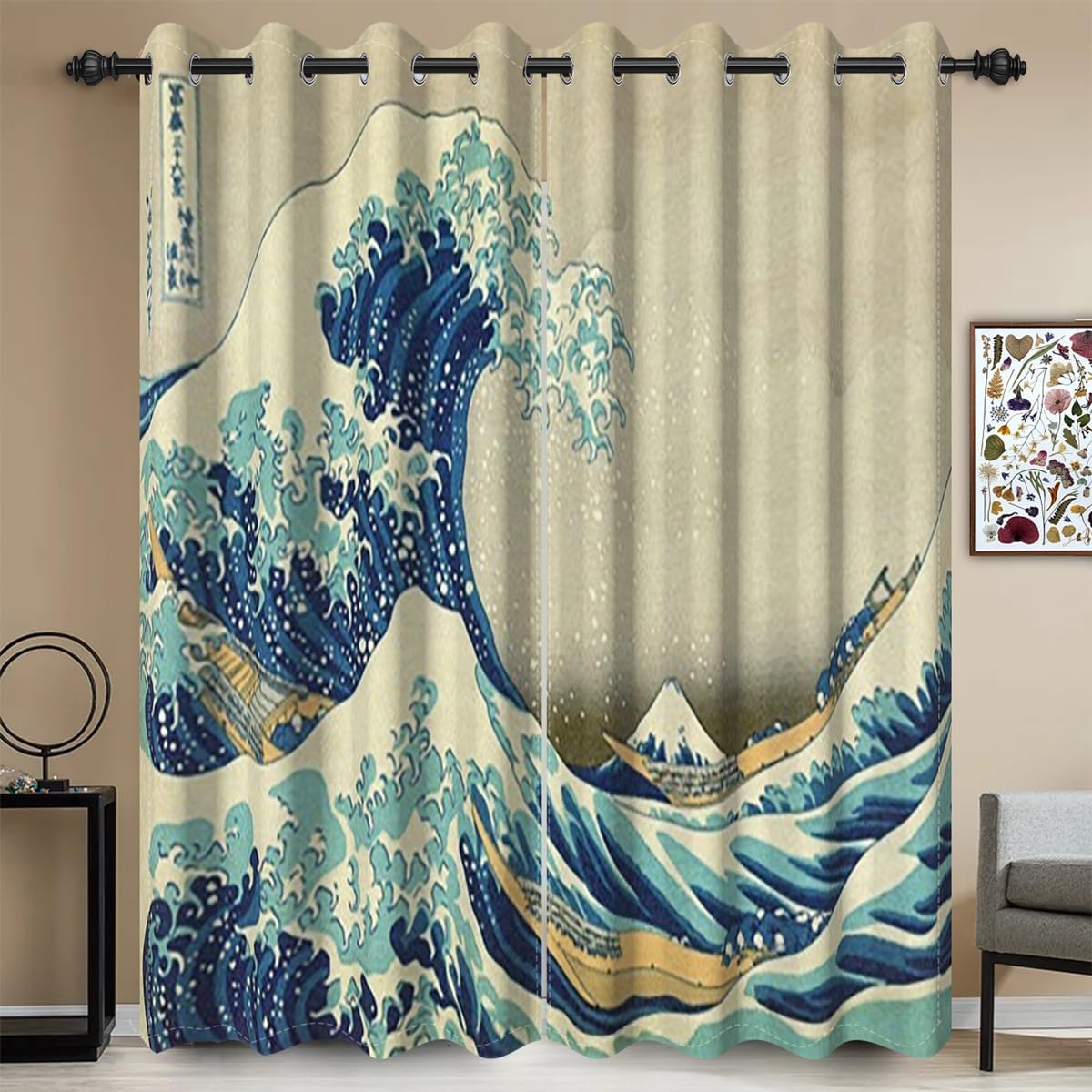 Japanese Ukiyoe Blackout Curtains Kanagawa Abstract Wave Japan Vintage Traditional Painting Curtain for Living Room Bedroom Home Decoration Window Drapes Fabric Set of 2 Panels, 52x84 Inch