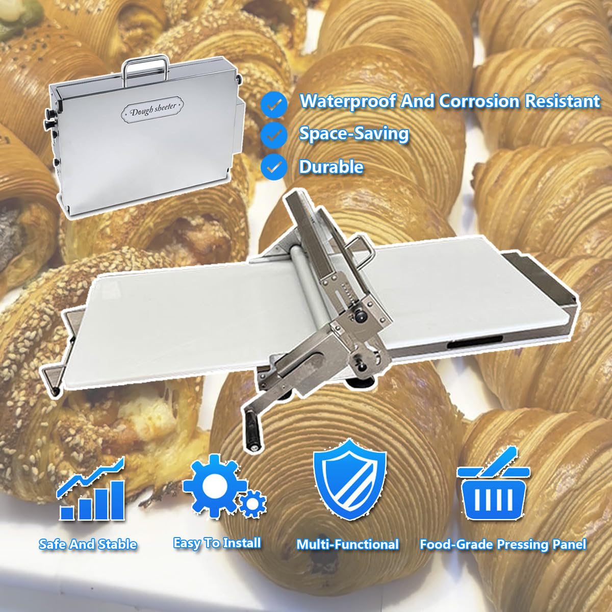Machine à rouler manuelle avec manivelle, acier inoxydable, épaisseur réglable pour faire de la pâte, des pâtes feuilletées et des croissants